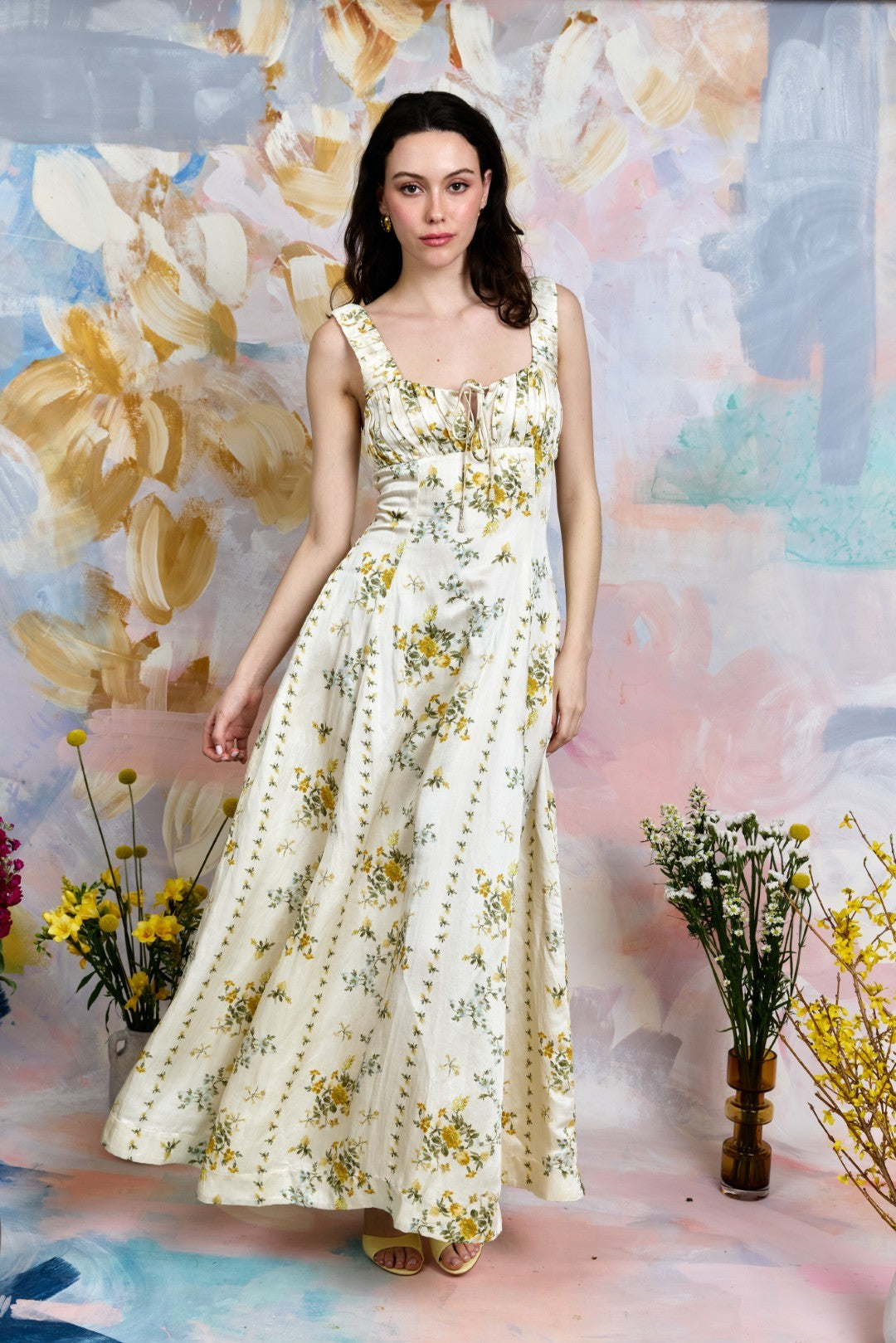 satin print dress Reiss Satin Floral-Print Slip Maxi Dress in Gold