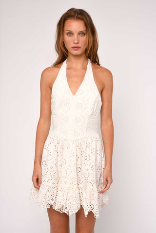 white eyelet mini dress EYELET MINI DRESS HALTER MINI DRESS SEXY COTTON DRESS Bright White / L